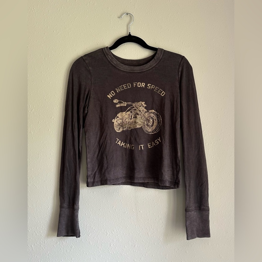 Aerie Brown Long Sleeve Tee with Motorcycle Graphic